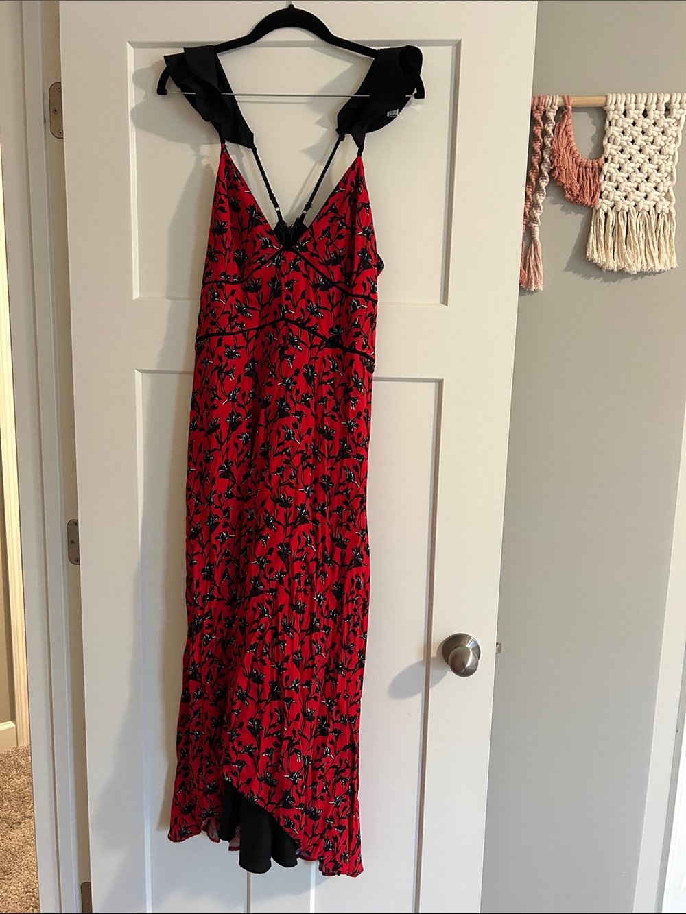 Adelyn Rae Red Floral V-Neck Maxi Dress with Black Trim